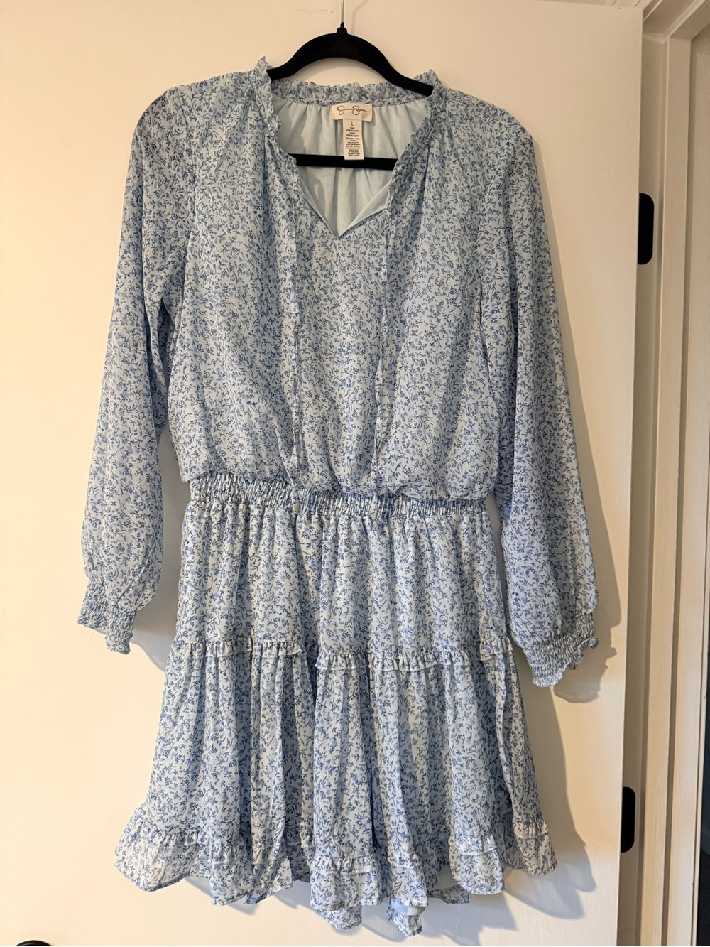 Jessica Simpson Light Blue Floral Tiered Long-Sleeve Dress